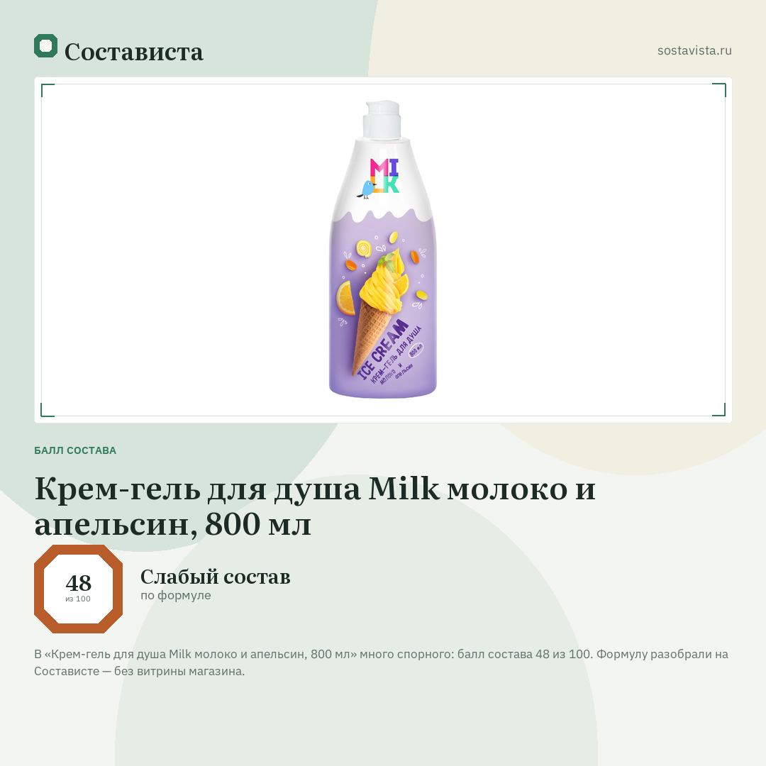 Крем-гель для душа Milk молоко и апельсин, 800 мл: балл состава 48 из 100 — Состависта