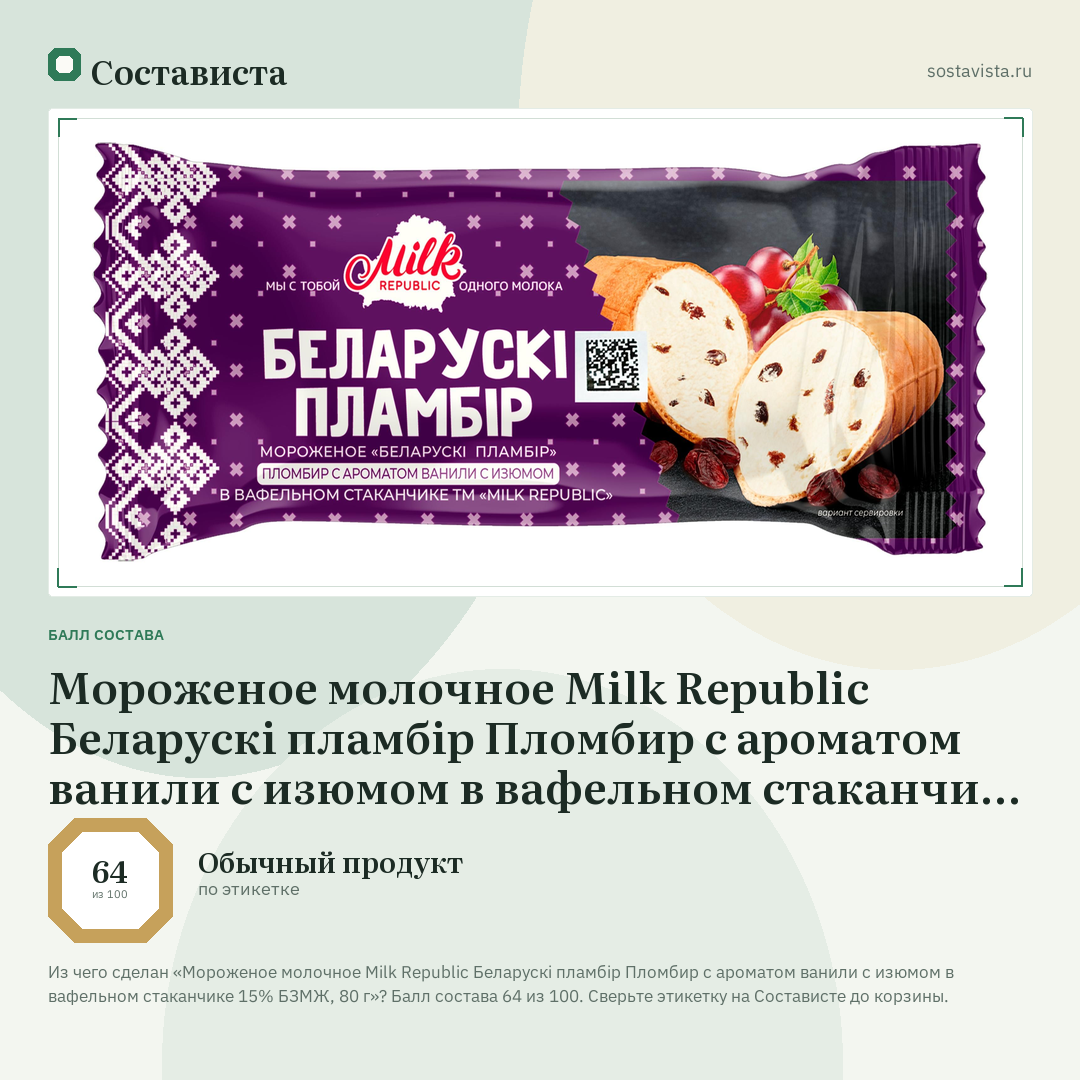 Мороженое молочное Milk Republic Беларускi пламбiр Пломбир с ароматом ванили с изюмом в вафельном стаканчике 15% БЗМЖ, 80 г: балл состава 64 из 100 — Состависта