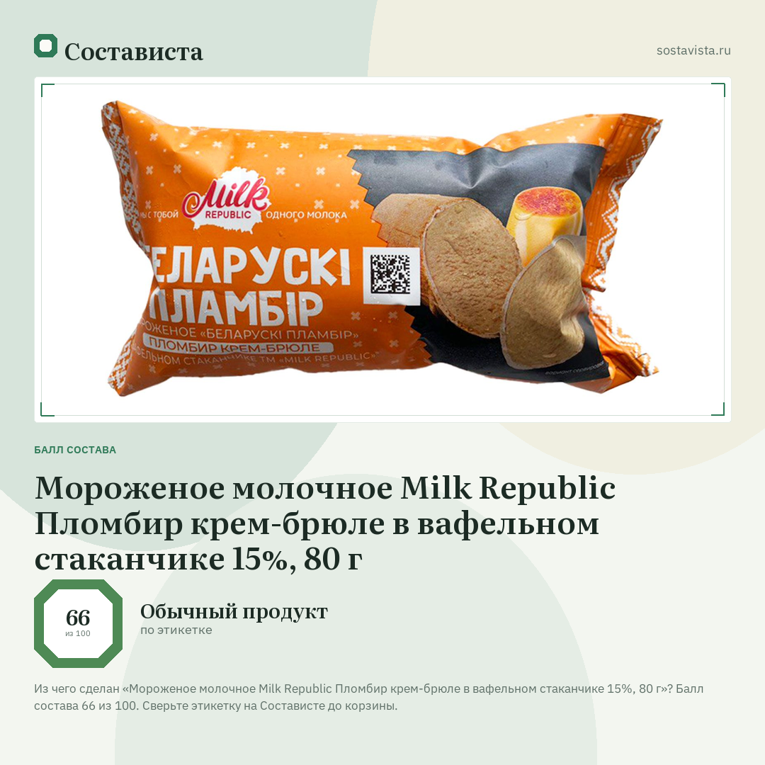 Мороженое молочное Milk Republic Пломбир крем-брюле в вафельном стаканчике 15%, 80 г: балл состава 66 из 100 — Состависта