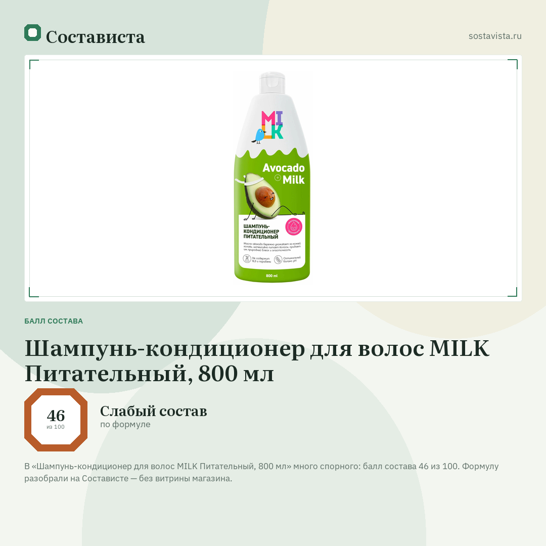 Шампунь-кондиционер для волос MILK Питательный, 800 мл: балл состава 46 из 100 — Состависта