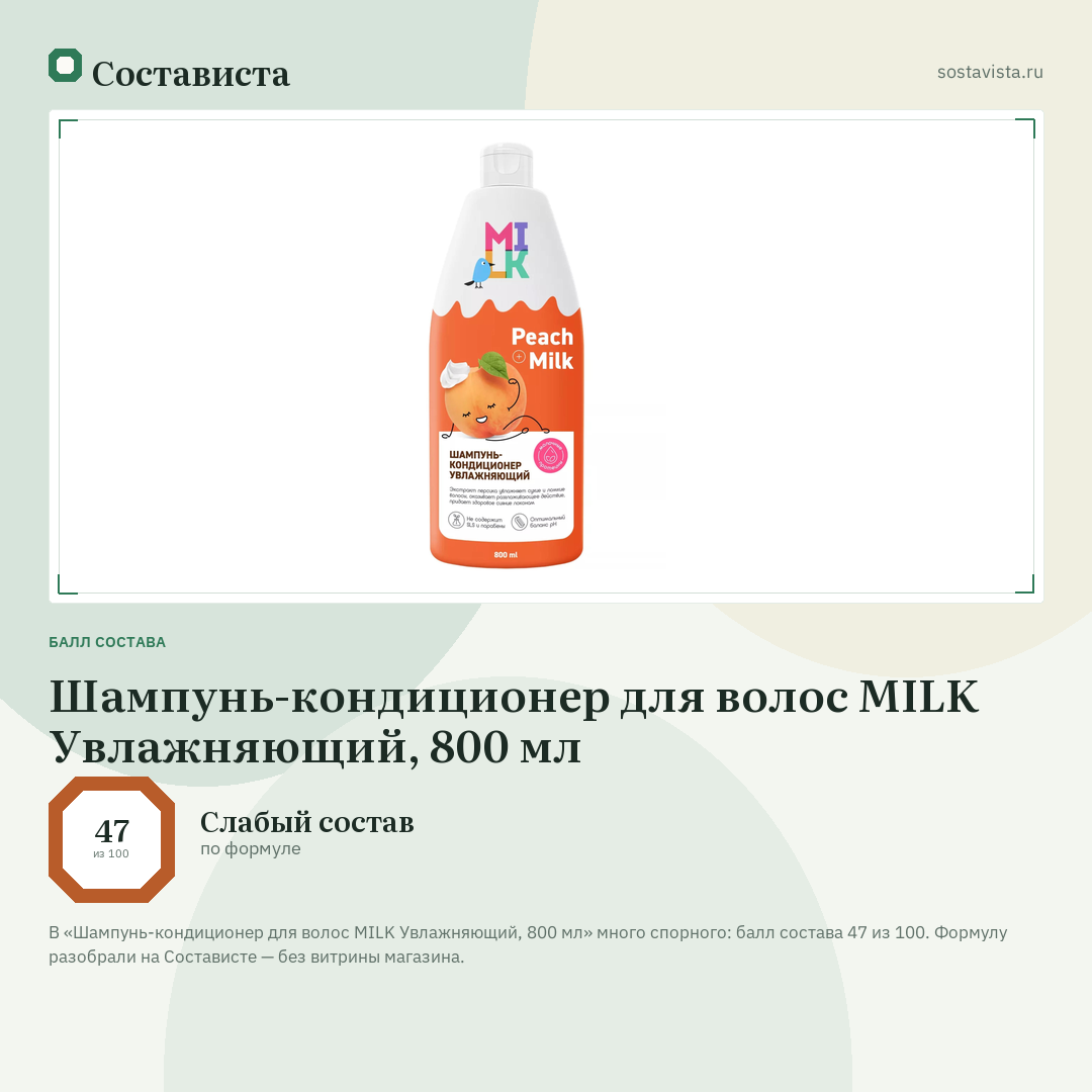 Шампунь-кондиционер для волос MILK Увлажняющий, 800 мл: балл состава 47 из 100 — Состависта