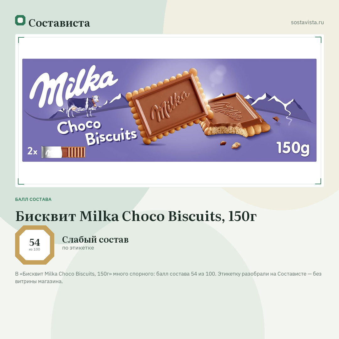 Бисквит Milka Choco Biscuits, 150г: балл состава 54 из 100 — Состависта