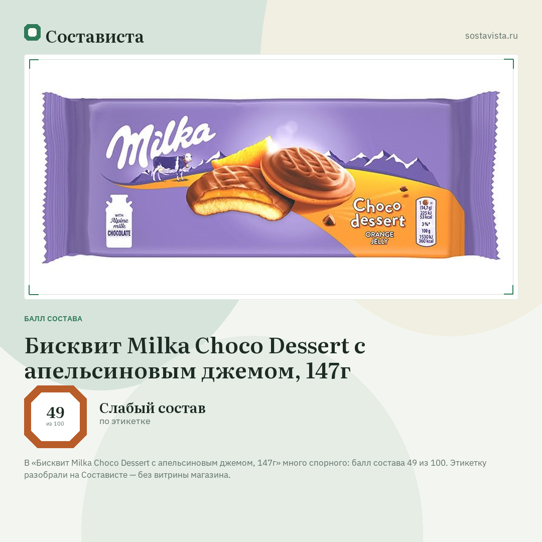 Бисквит Milka Choco Dessert с апельсиновым джемом, 147г: балл состава 49 из 100 — Состависта