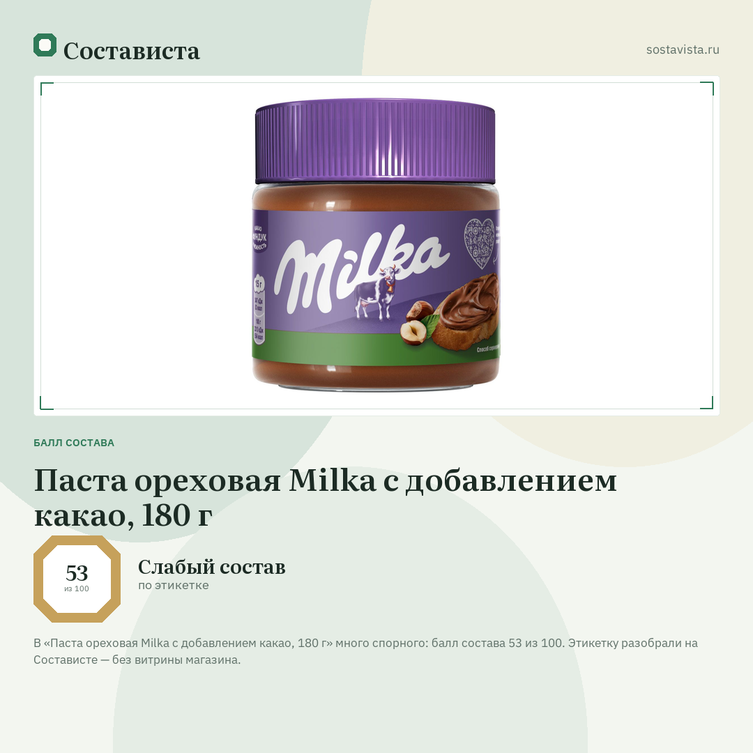 Паста ореховая Milka с добавлением какао, 180 г: балл состава 53 из 100 — Состависта
