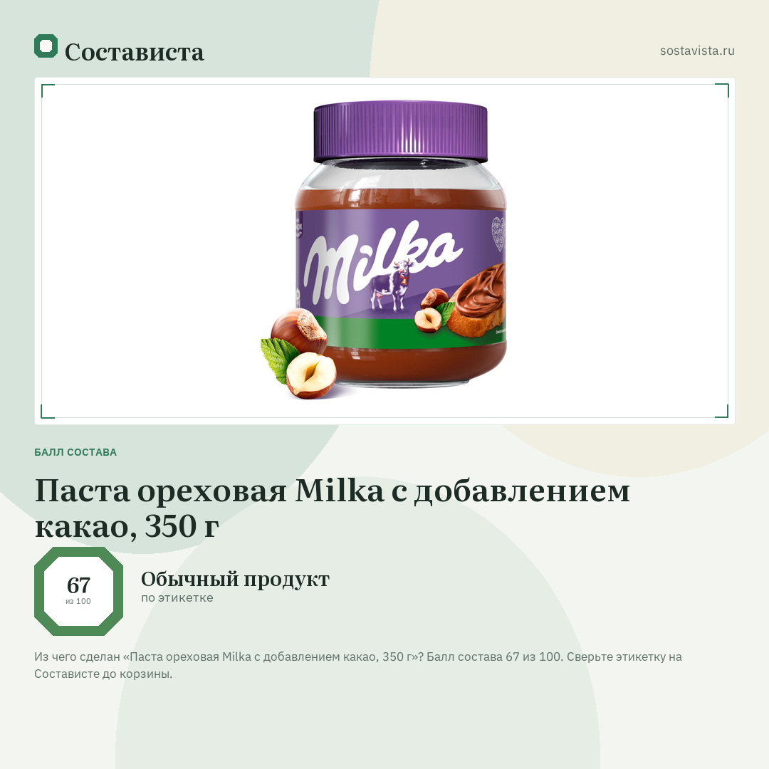 Паста ореховая Milka с добавлением какао, 350 г: балл состава 67 из 100 — Состависта