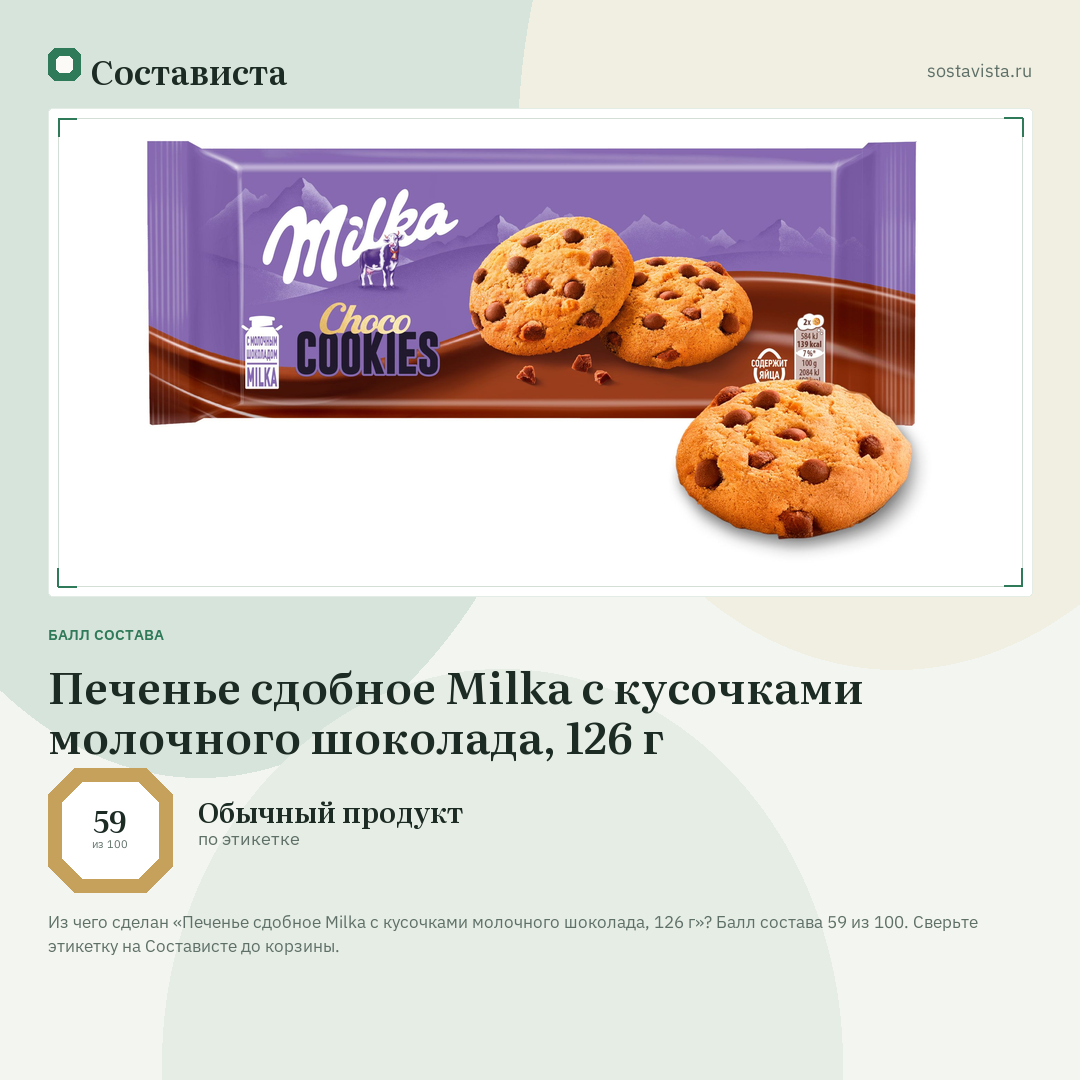Печенье сдобное Milka с кусочками молочного шоколада, 126 г: балл состава 59 из 100 — Состависта