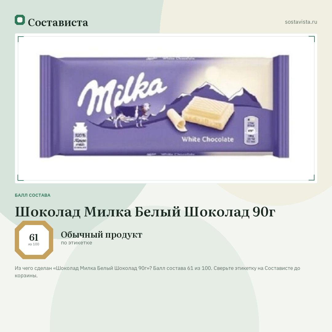 Шоколад Милка Белый Шоколад 90г: балл состава 61 из 100 — Состависта