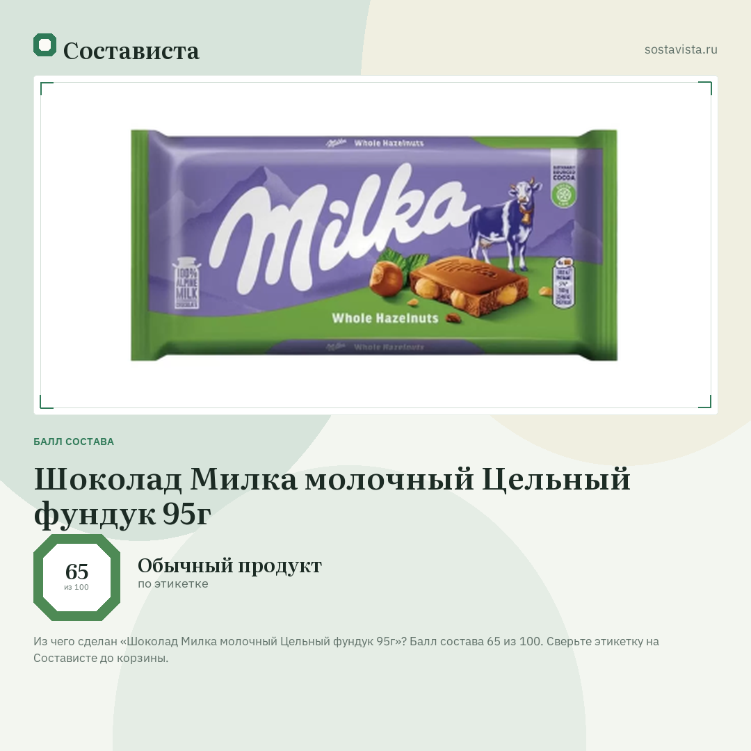 Шоколад Милка молочный Цельный фундук 95г: балл состава 65 из 100 — Состависта