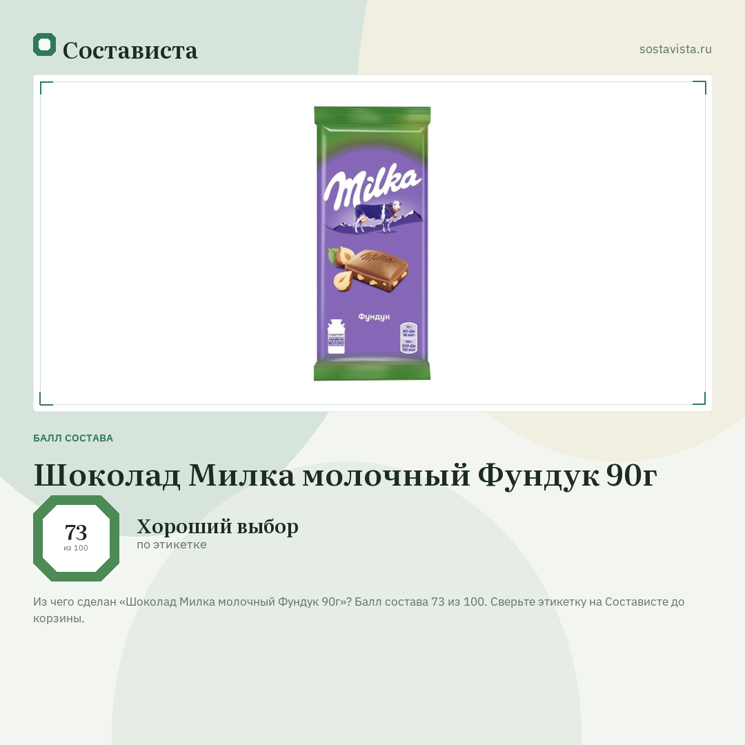 Шоколад Милка молочный Фундук 90г: балл состава 73 из 100 — Состависта