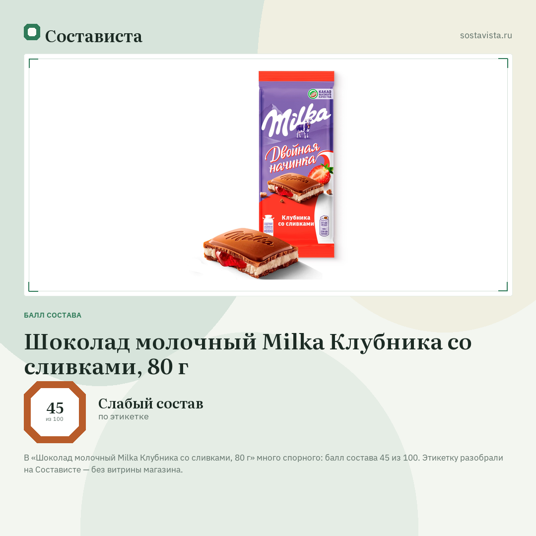 Шоколад молочный Milka Клубника со сливками, 80 г: балл состава 45 из 100 — Состависта