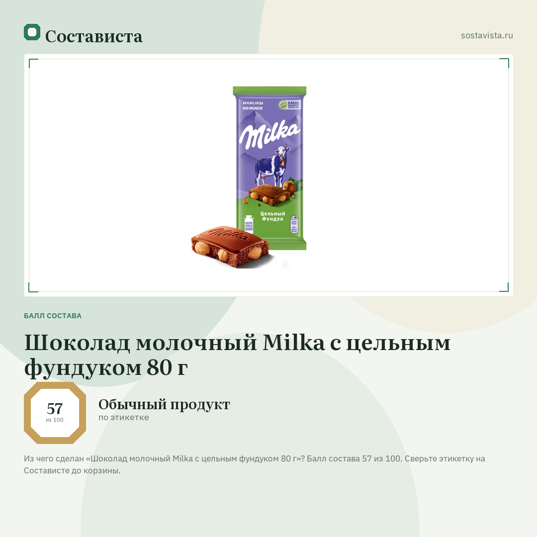 Шоколад молочный Milka с цельным фундуком 80 г: балл состава 57 из 100 — Состависта