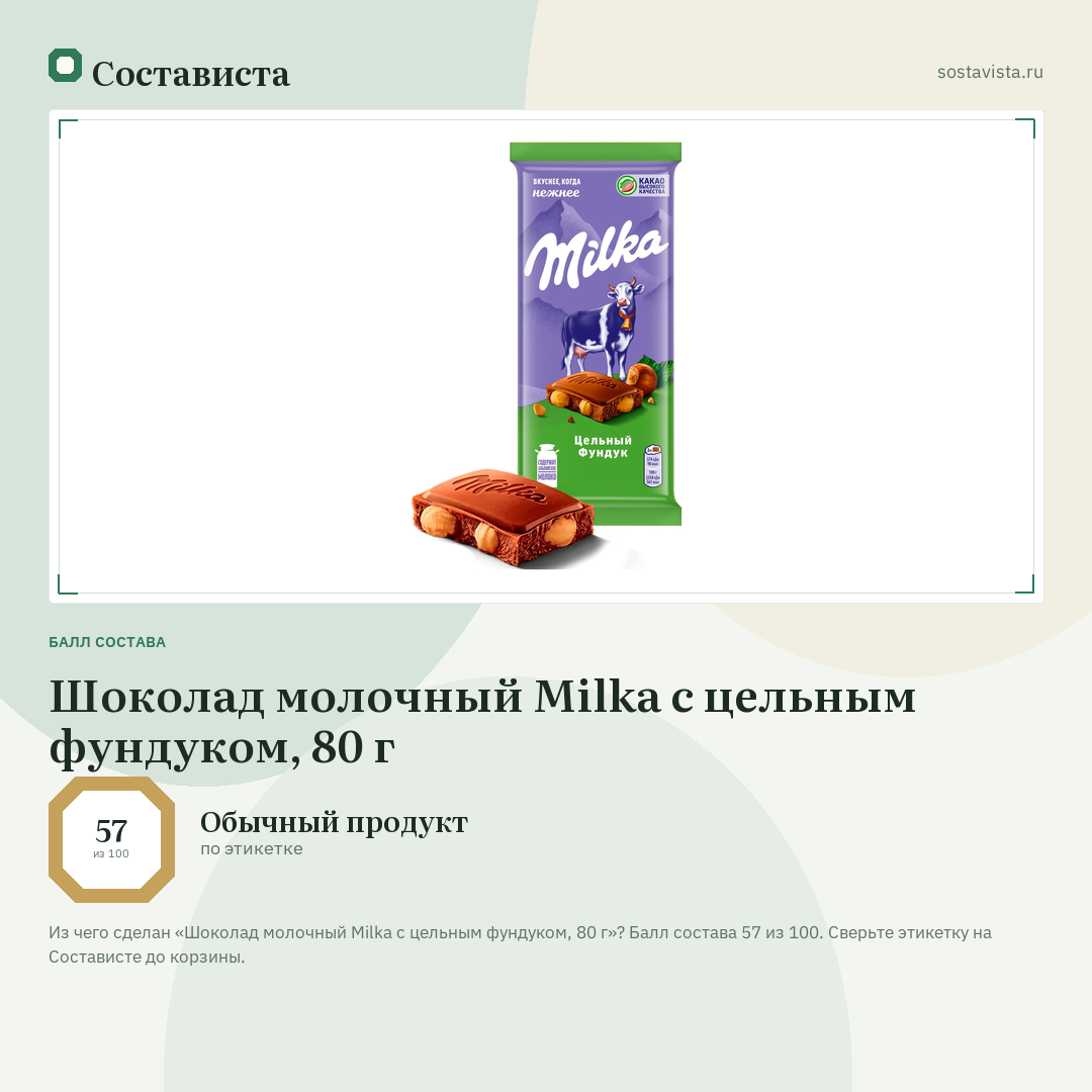 Шоколад молочный Milka с цельным фундуком, 80 г: балл состава 57 из 100 — Состависта