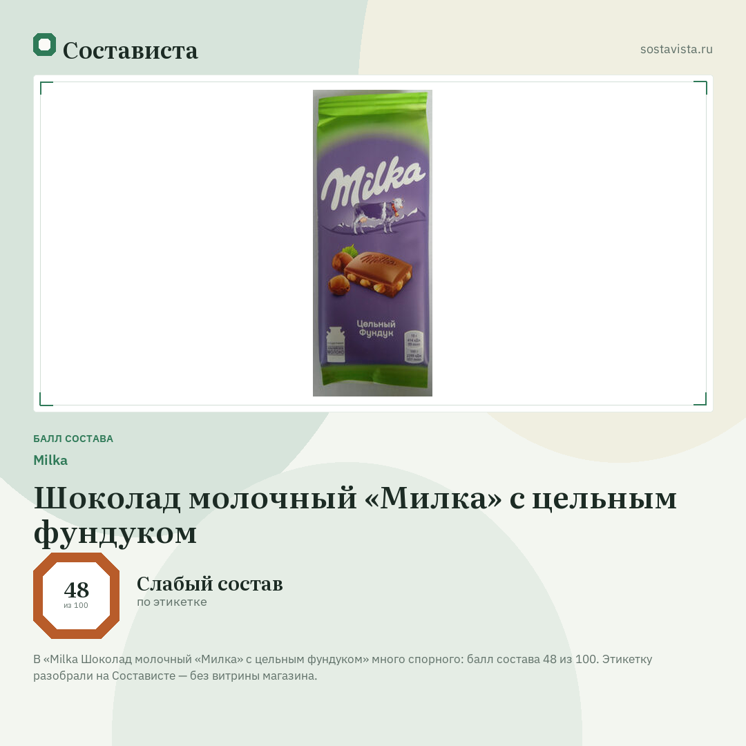 Milka Шоколад молочный «Милка» с цельным фундуком: балл состава 48 из 100 — Состависта