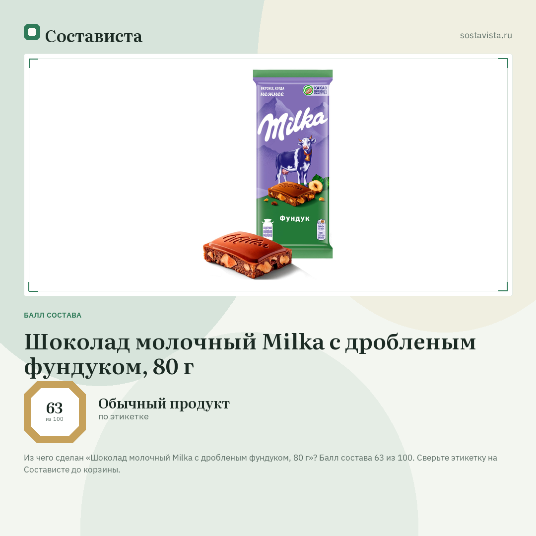 Шоколад молочный Milka с дробленым фундуком, 80 г: балл состава 63 из 100 — Состависта