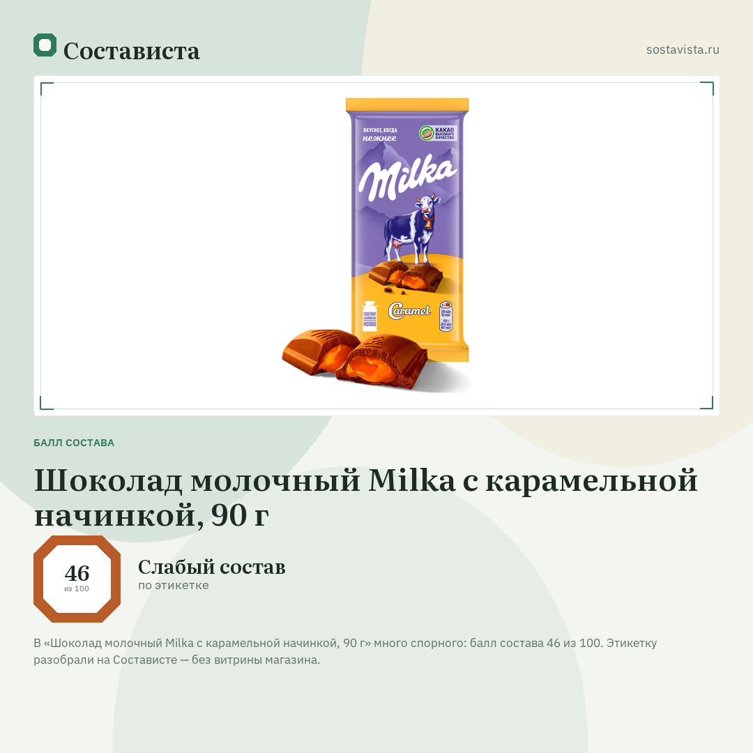 Шоколад молочный Milka с карамельной начинкой, 90 г: балл состава 46 из 100 — Состависта
