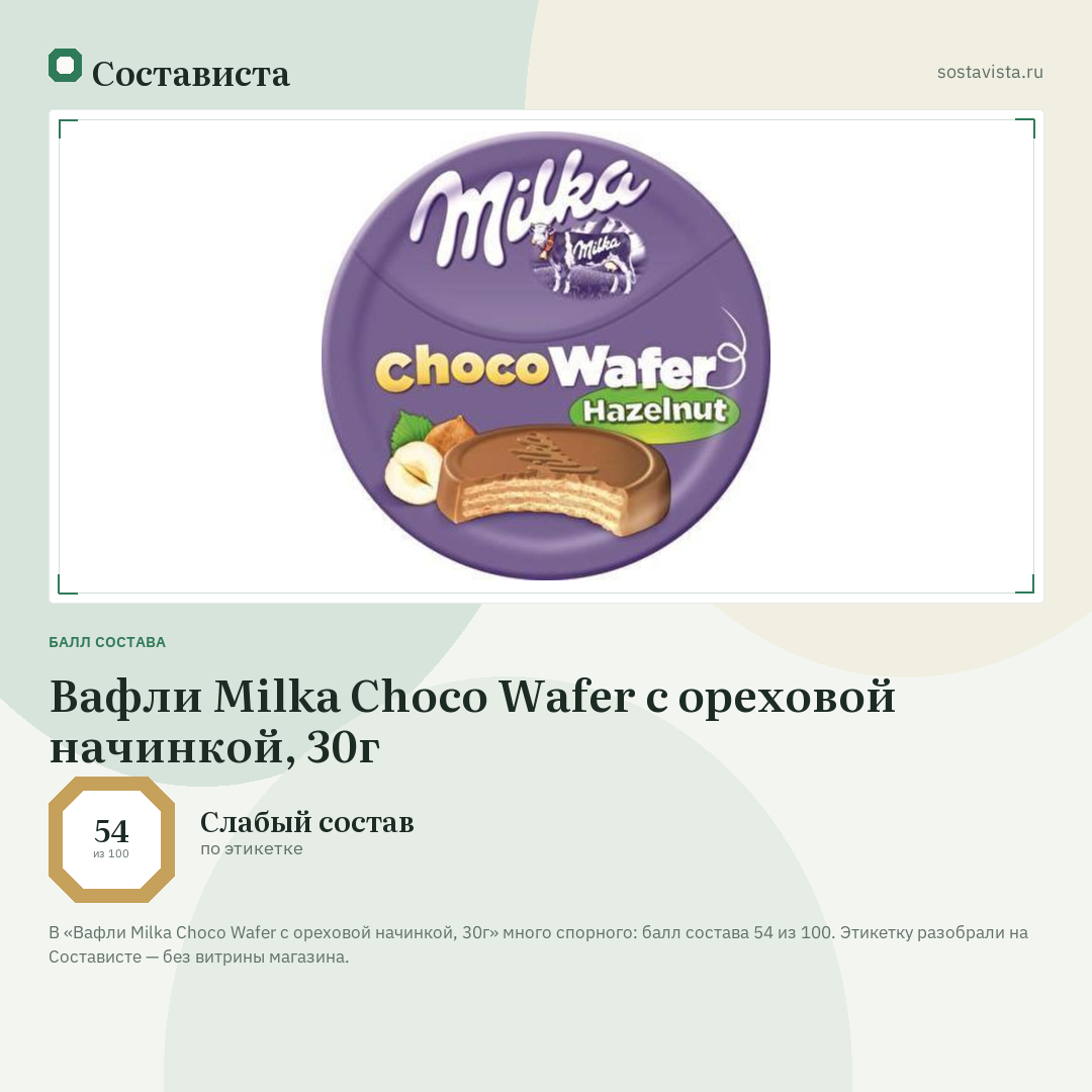 Вафли Milka Choco Wafer с ореховой начинкой, 30г: балл состава 54 из 100 — Состависта