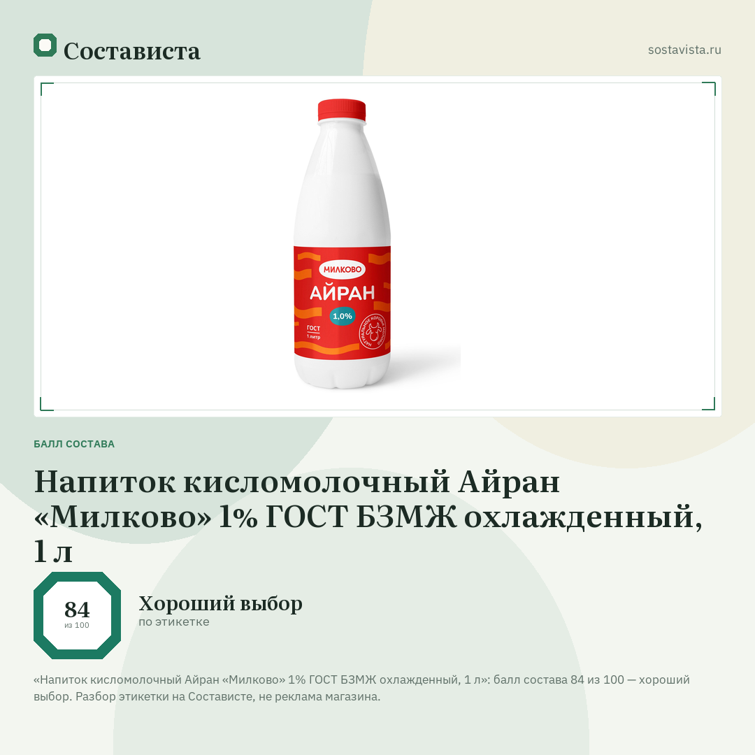 Напиток кисломолочный Айран «Милково» 1% ГОСТ БЗМЖ охлажденный, 1 л: балл состава 84 из 100 — Состависта
