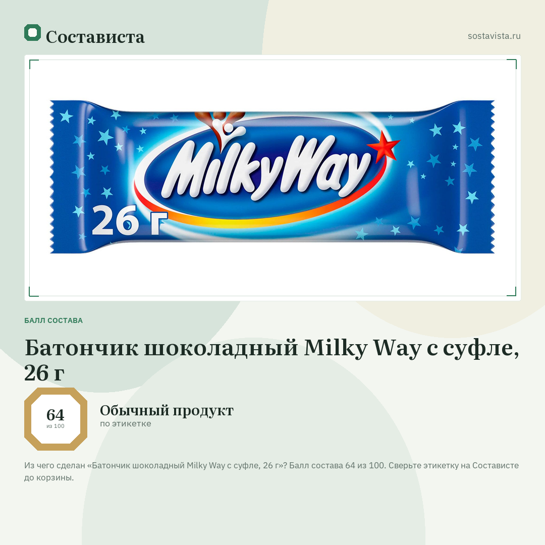 Батончик шоколадный Milky Way с суфле, 26 г: балл состава 64 из 100 — Состависта