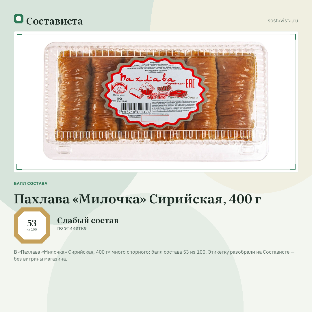 Пахлава «Милочка» Сирийская, 400 г: балл состава 53 из 100 — Состависта