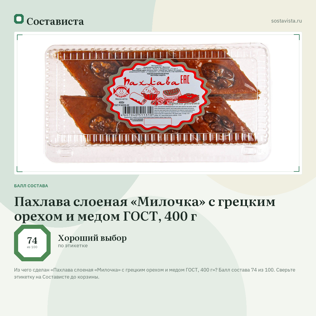 Пахлава слоеная «Милочка» с грецким орехом и медом ГОСТ, 400 г: балл состава 74 из 100 — Состависта