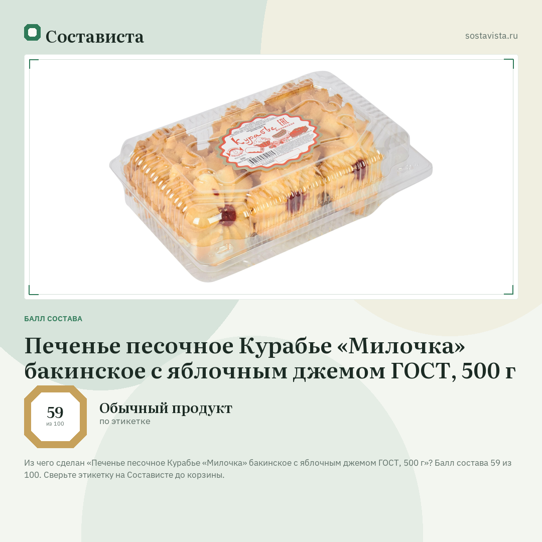 Печенье песочное Курабье «Милочка» бакинское с яблочным джемом ГОСТ, 500 г: балл состава 59 из 100 — Состависта