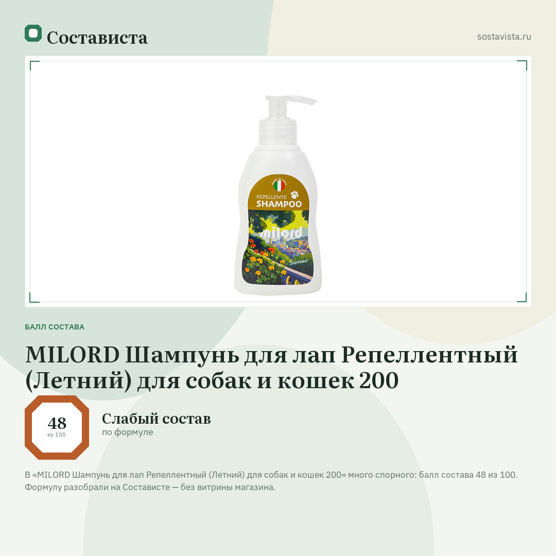 MILORD Шампунь для лап Репеллентный (Летний) для собак и кошек 200: балл состава 48 из 100 — Состависта