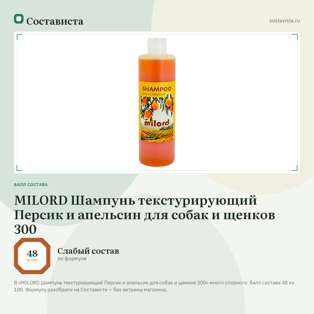 MILORD Шампунь текстурирующий Персик и апельсин для собак и щенков 300: балл состава 48 из 100 — Состависта