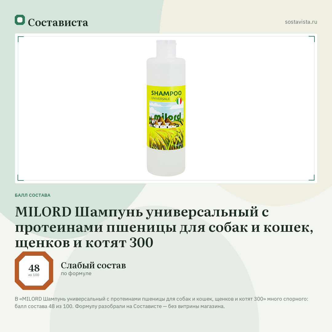 MILORD Шампунь универсальный с протеинами пшеницы для собак и кошек, щенков и котят 300: балл состава 48 из 100 — Состависта