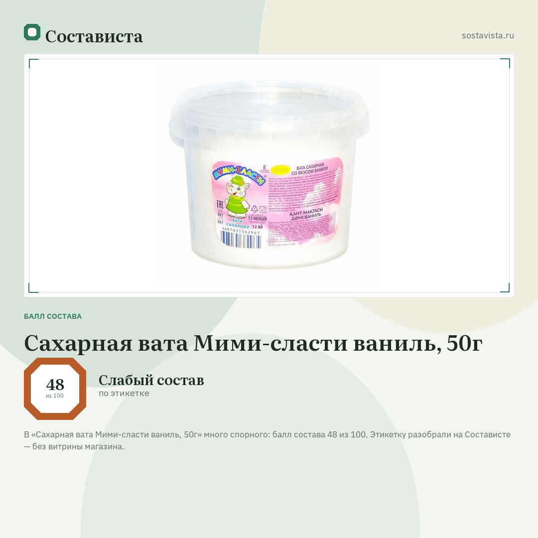 Сахарная вата Мими-сласти ваниль, 50г: балл состава 48 из 100 — Состависта