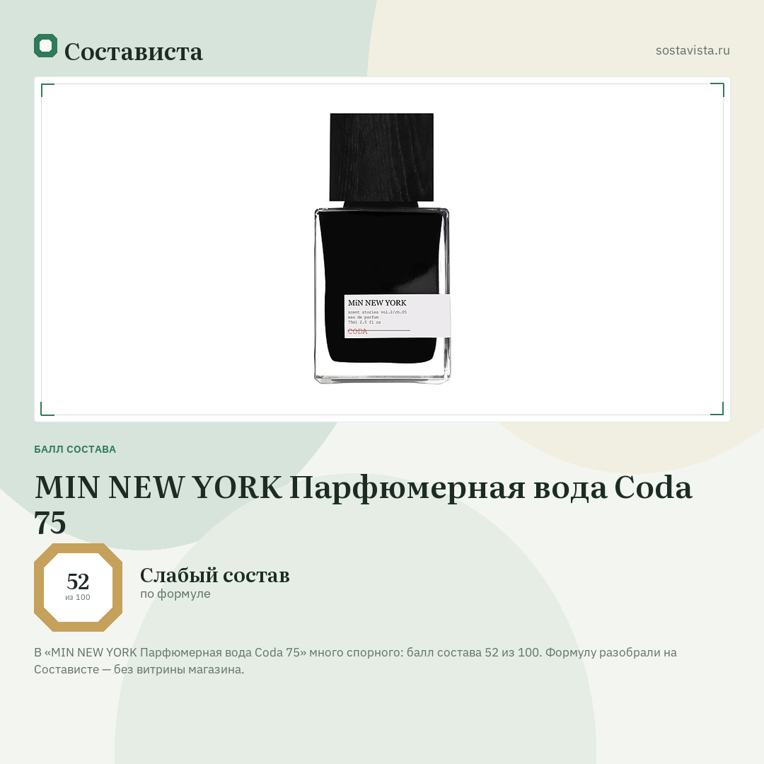 MIN NEW YORK Парфюмерная вода Coda 75: балл состава 52 из 100 — Состависта