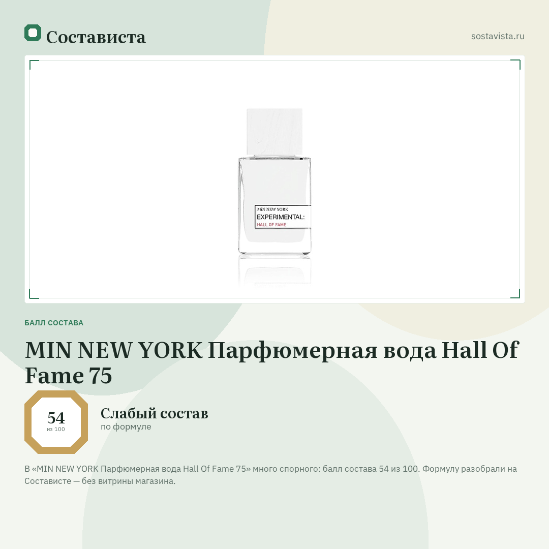MIN NEW YORK Парфюмерная вода Hall Of Fame 75: балл состава 54 из 100 — Состависта