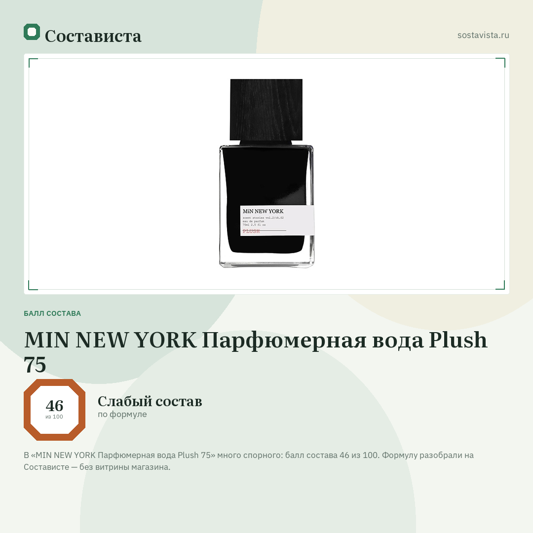 MIN NEW YORK Парфюмерная вода Plush 75: балл состава 46 из 100 — Состависта