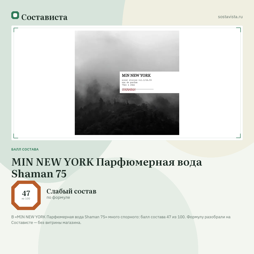 MIN NEW YORK Парфюмерная вода Shaman 75: балл состава 47 из 100 — Состависта