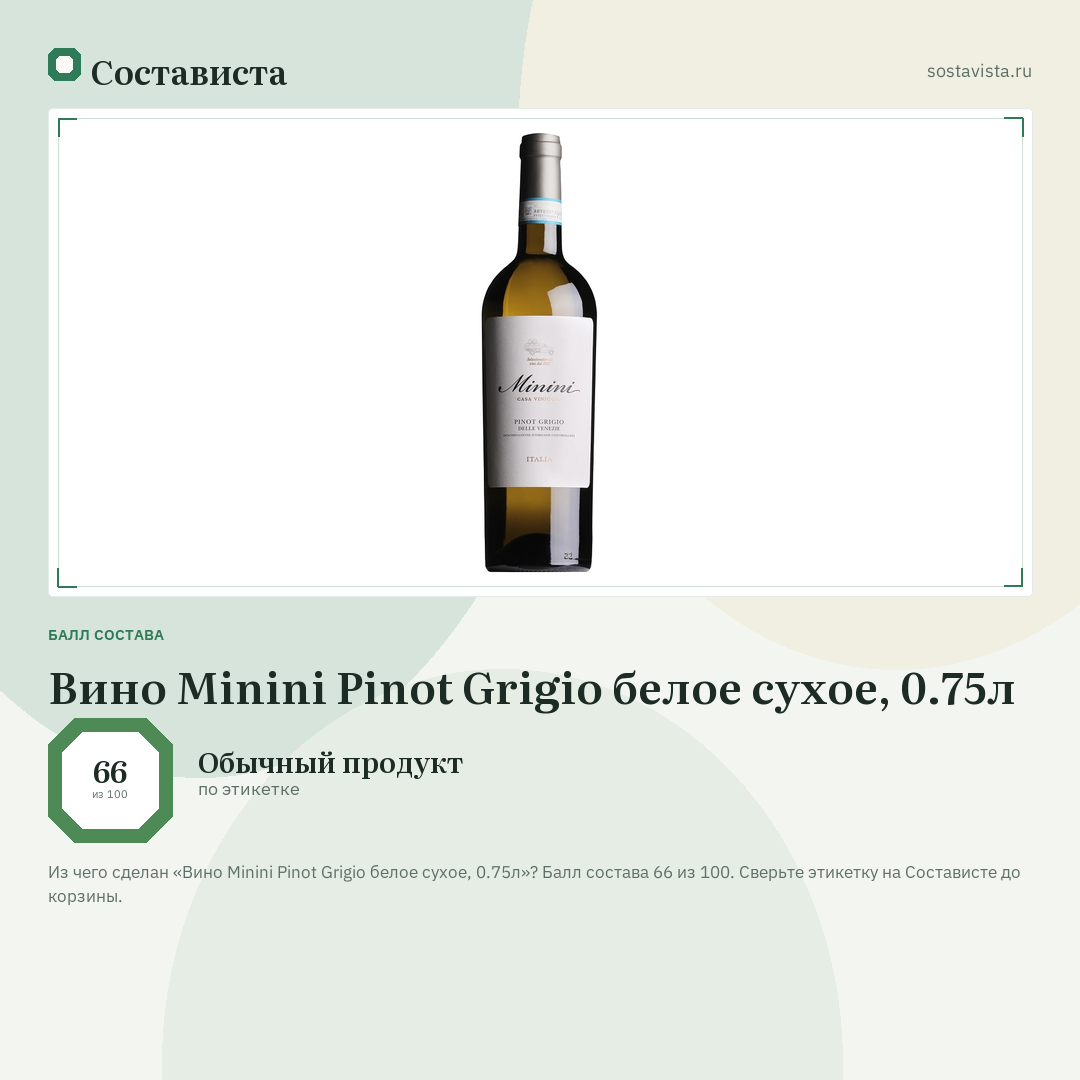 Вино Minini Pinot Grigio белое сухое, 0.75л: балл состава 66 из 100 — Состависта