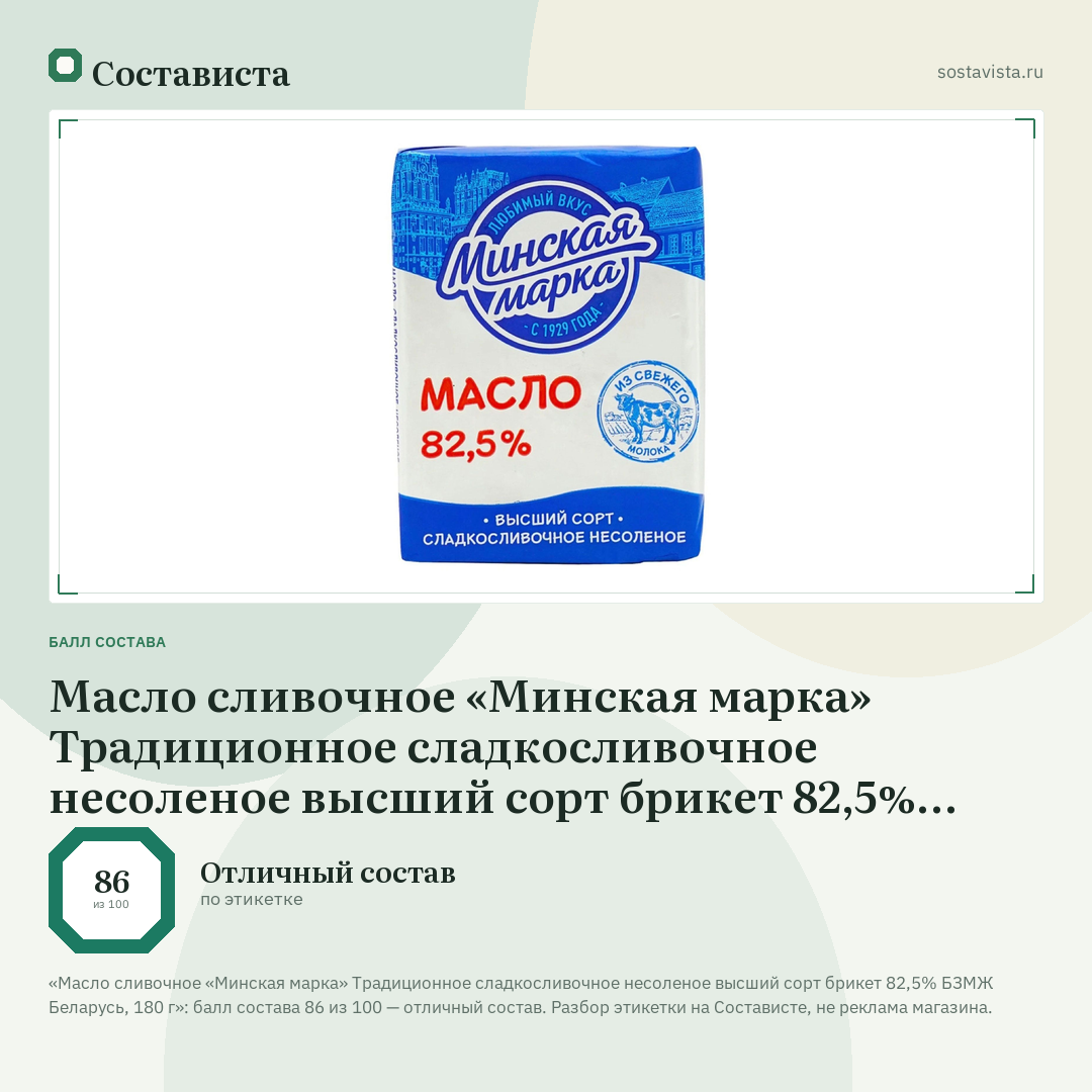 Масло сливочное «Минская марка» Традиционное сладкосливочное несоленое высший сорт брикет 82,5% БЗМЖ Беларусь, 180 г: балл состава 86 из 100 — Состависта