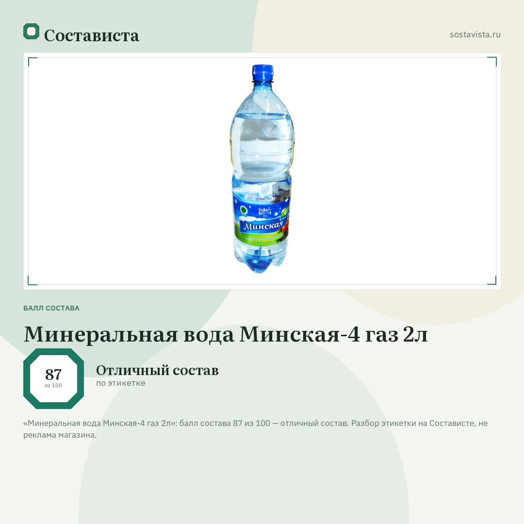Минеральная вода Минская-4 газ 2л: балл состава 87 из 100 — Состависта