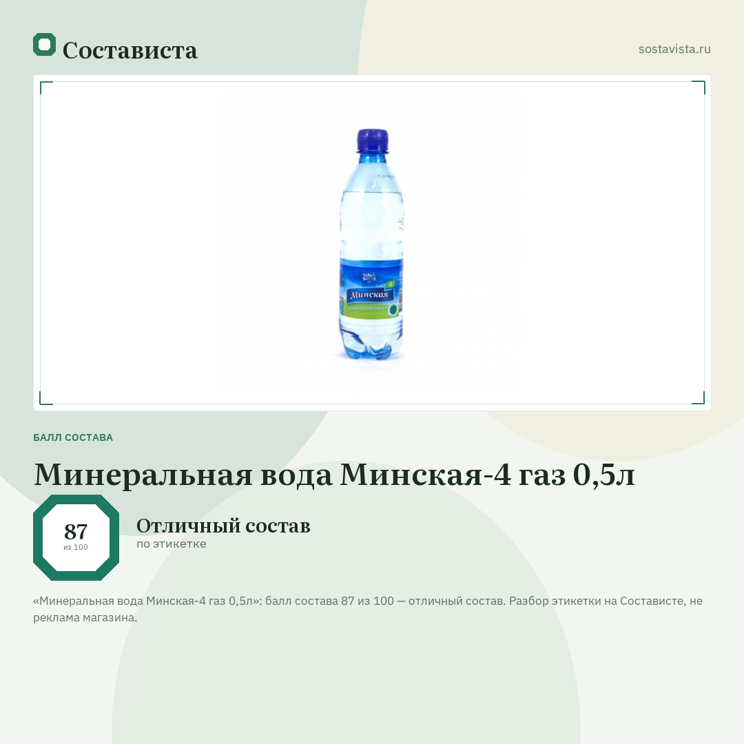 Минеральная вода Минская-4 газ 0,5л: балл состава 87 из 100 — Состависта