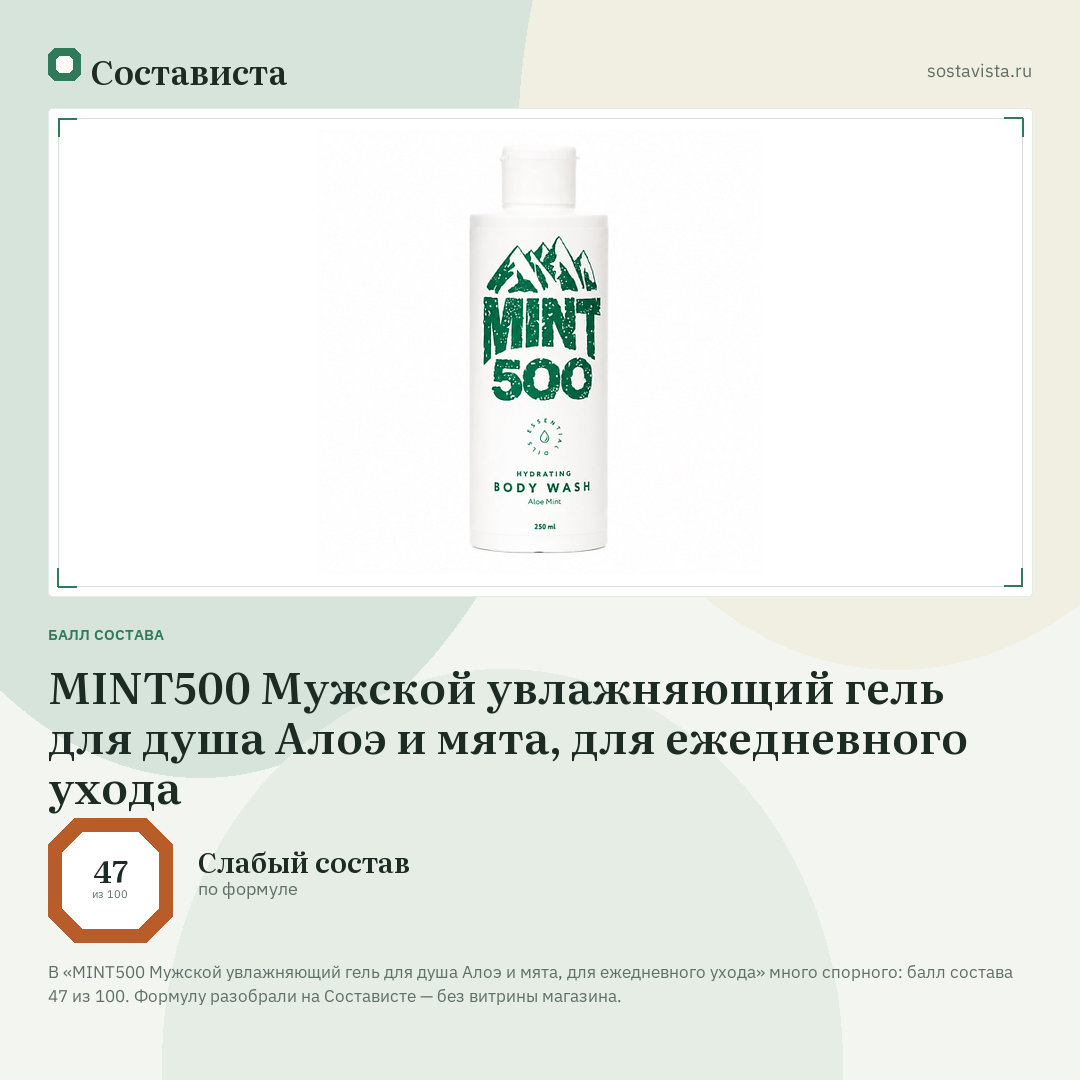 MINT500 Мужской увлажняющий гель для душа Алоэ и мята, для ежедневного ухода: балл состава 47 из 100 — Состависта