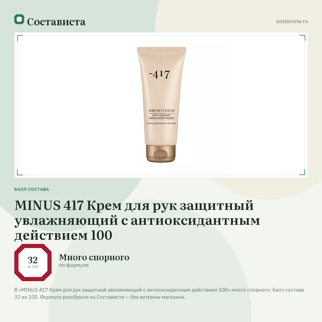 MINUS 417 Крем для рук защитный увлажняющий с антиоксидантным действием 100: балл состава 32 из 100 — Состависта
