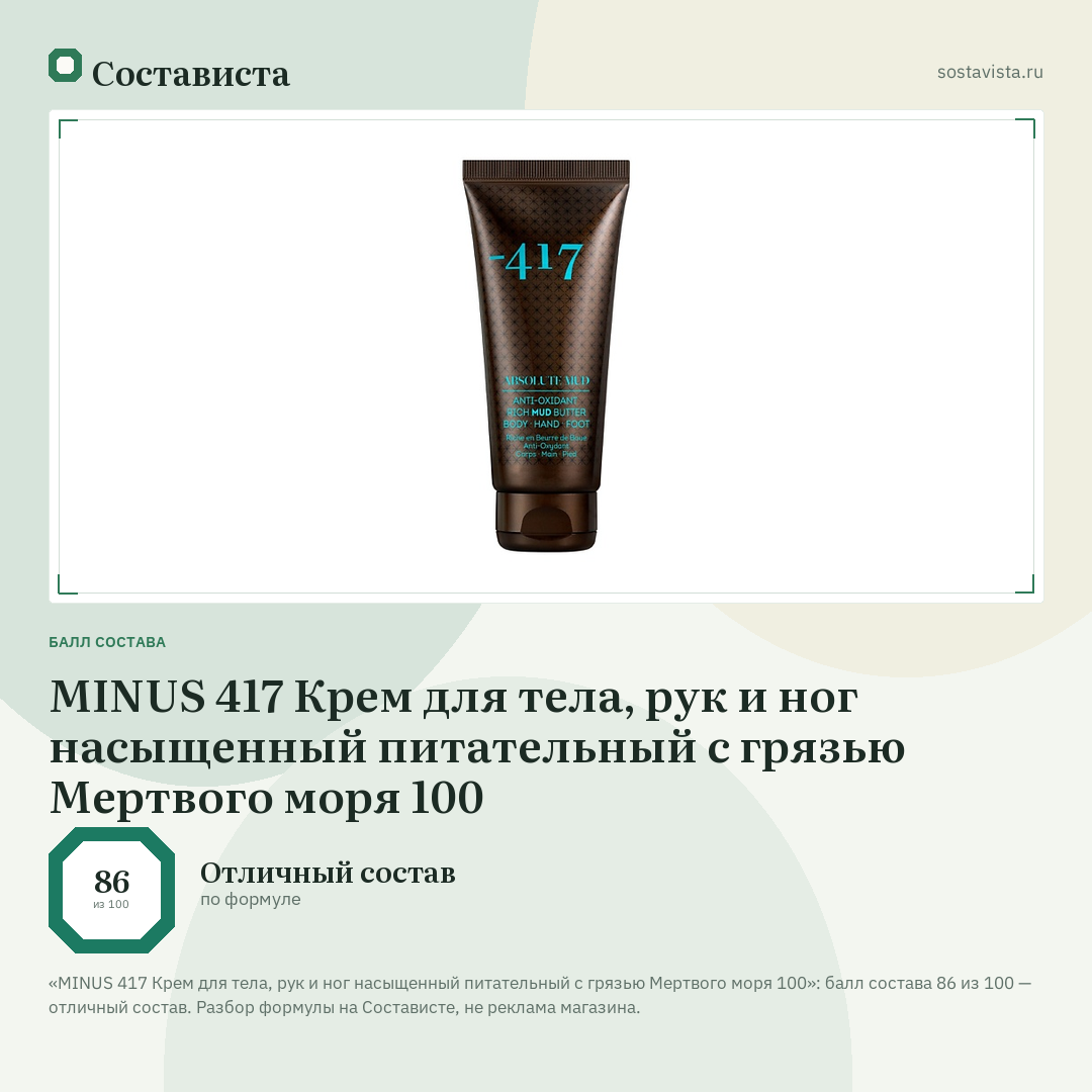 MINUS 417 Крем для тела, рук и ног насыщенный питательный с грязью Мертвого моря 100: балл состава 86 из 100 — Состависта