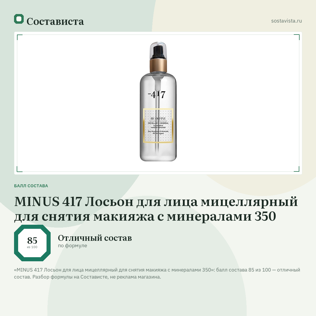 MINUS 417 Лосьон для лица мицеллярный для снятия макияжа с минералами 350: балл состава 85 из 100 — Состависта