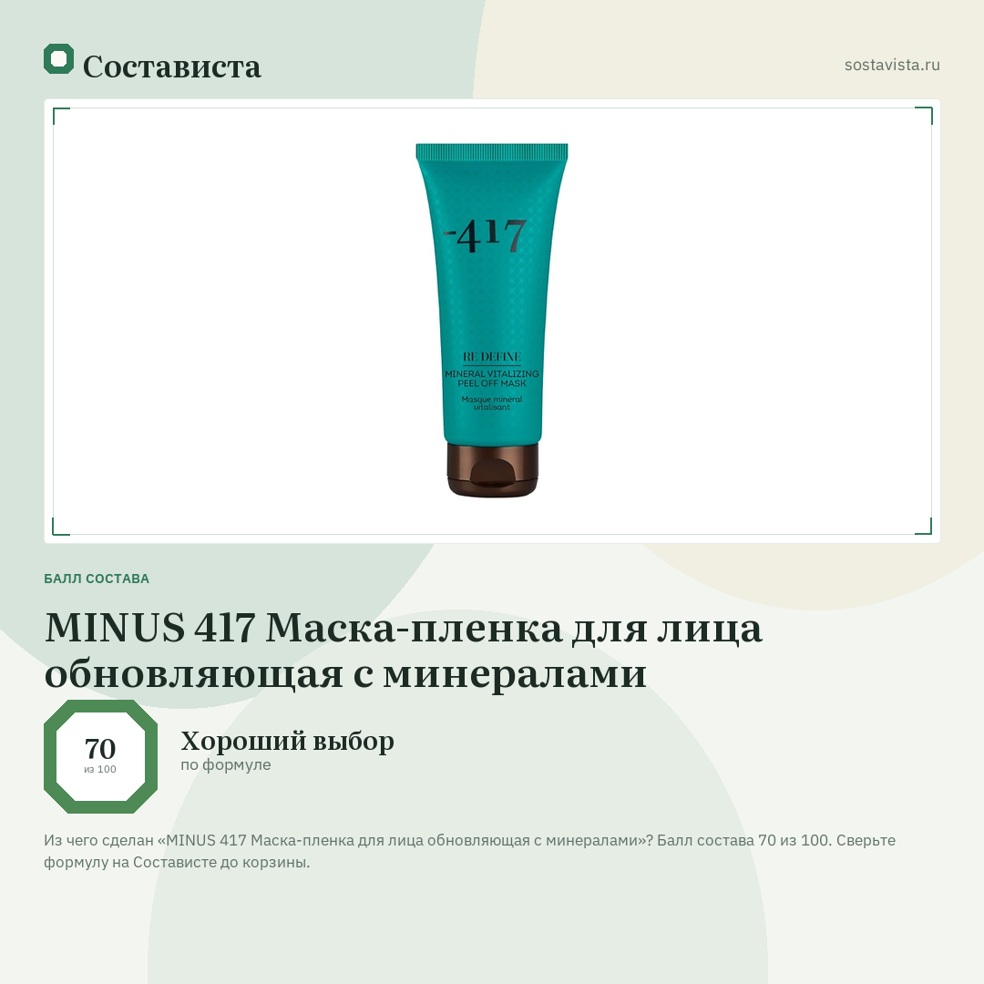 MINUS 417 Маска-пленка для лица обновляющая с минералами: балл состава 70 из 100 — Состависта