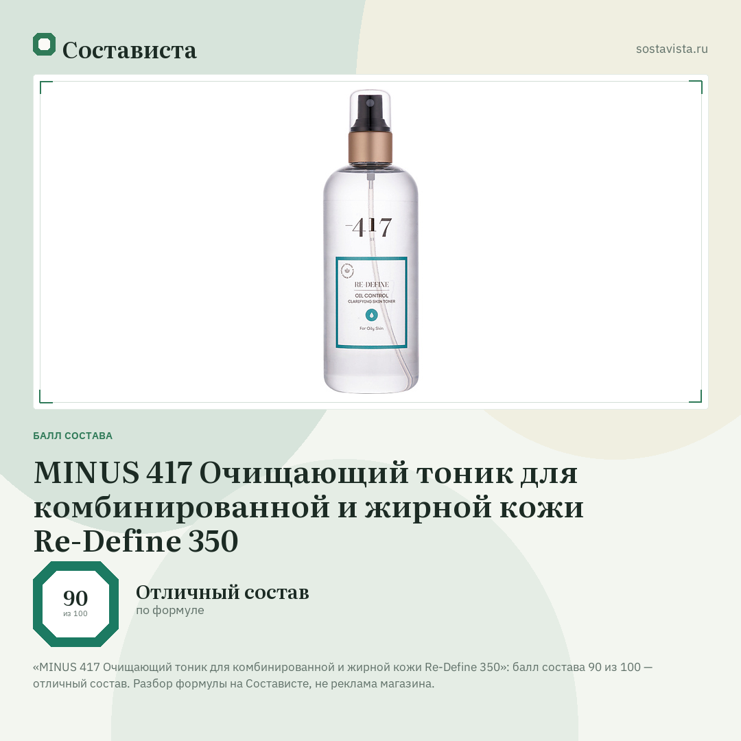 MINUS 417 Очищающий тоник для комбинированной и жирной кожи Re-Define 350: балл состава 90 из 100 — Состависта