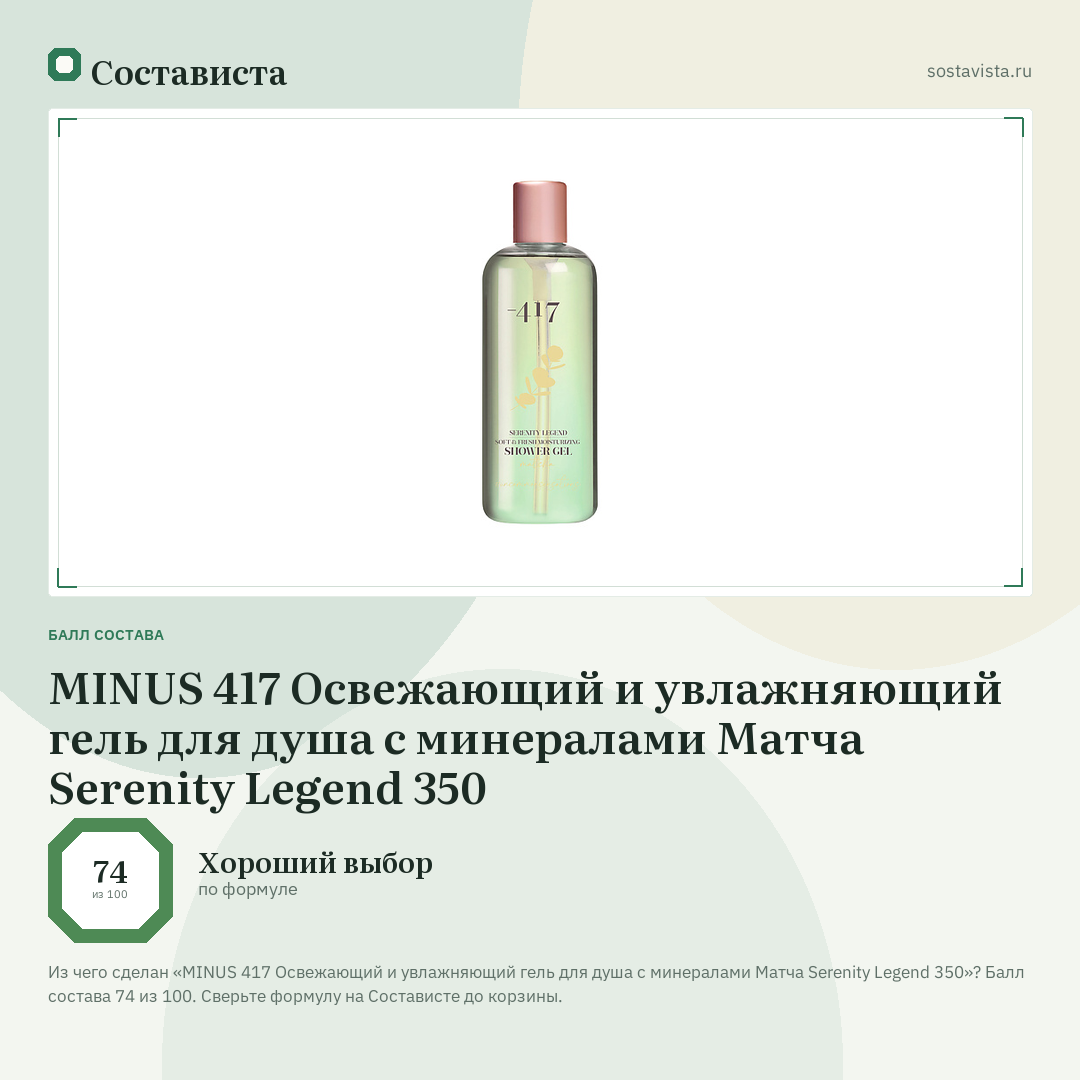 MINUS 417 Освежающий и увлажняющий гель для душа с минералами Матча Serenity Legend 350: балл состава 74 из 100 — Состависта