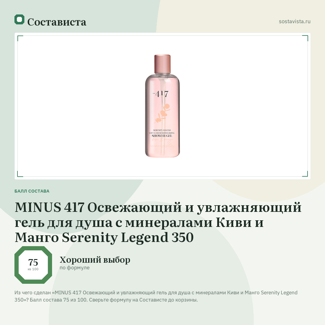 MINUS 417 Освежающий и увлажняющий гель для душа с минералами Киви и Манго Serenity Legend 350: балл состава 75 из 100 — Состависта
