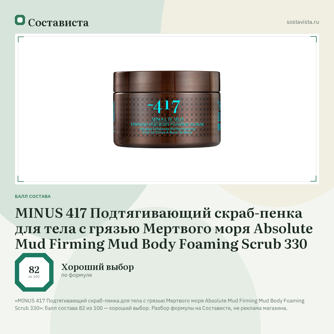 MINUS 417 Подтягивающий скраб-пенка для тела с грязью Мертвого моря Absolute Mud Firming Mud Body Foaming Scrub 330: балл состава 82 из 100 — Состависта