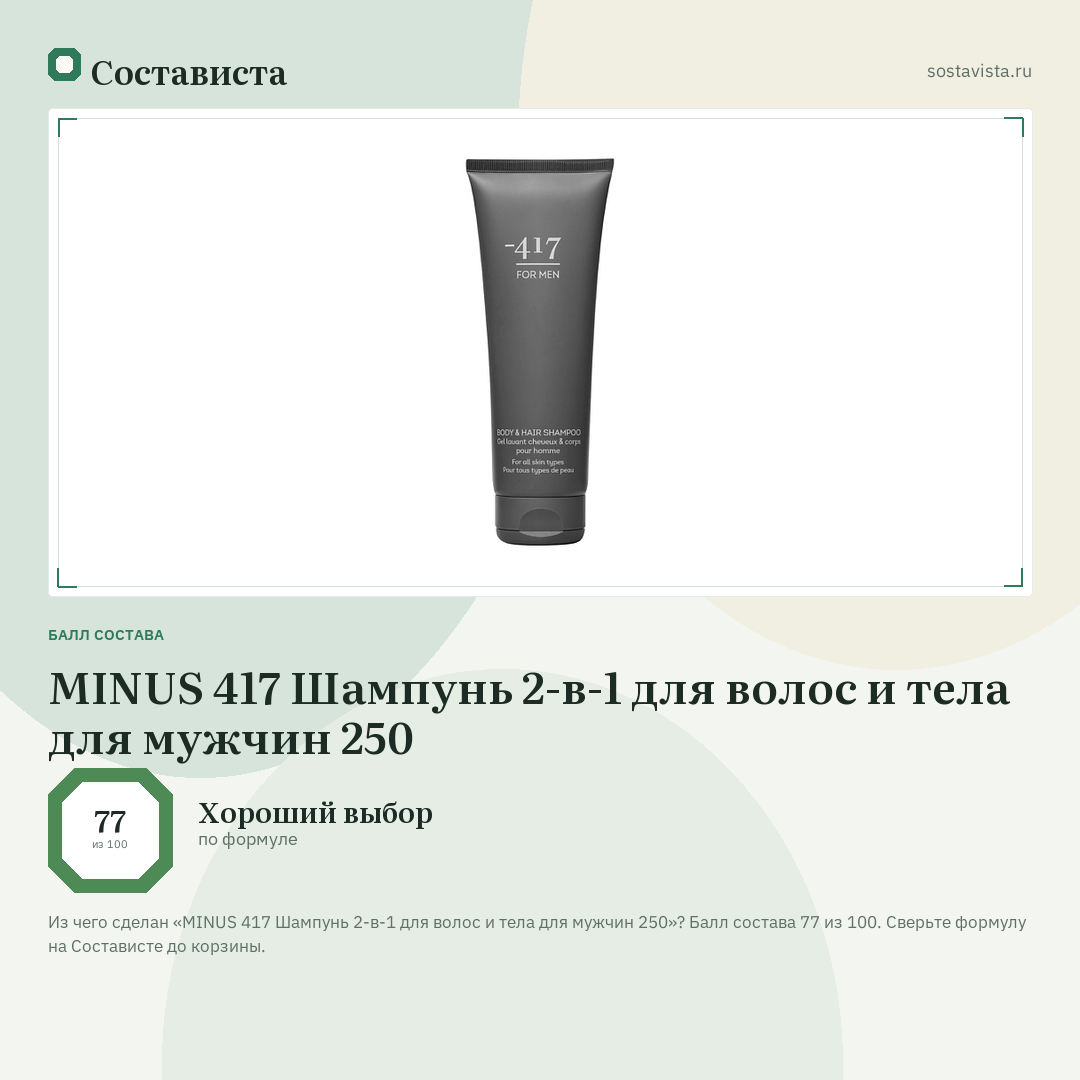 MINUS 417 Шампунь 2-в-1 для волос и тела для мужчин 250: балл состава 77 из 100 — Состависта