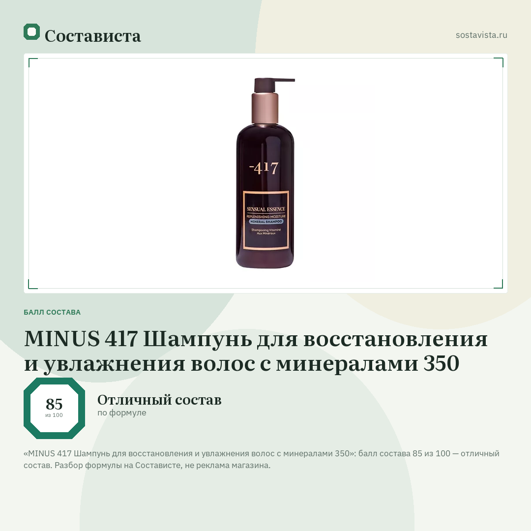 MINUS 417 Шампунь для восстановления и увлажнения волос с минералами 350: балл состава 85 из 100 — Состависта