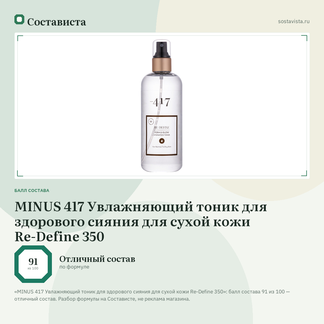 MINUS 417 Увлажняющий тоник для здорового сияния для сухой кожи Re-Define 350: балл состава 91 из 100 — Состависта