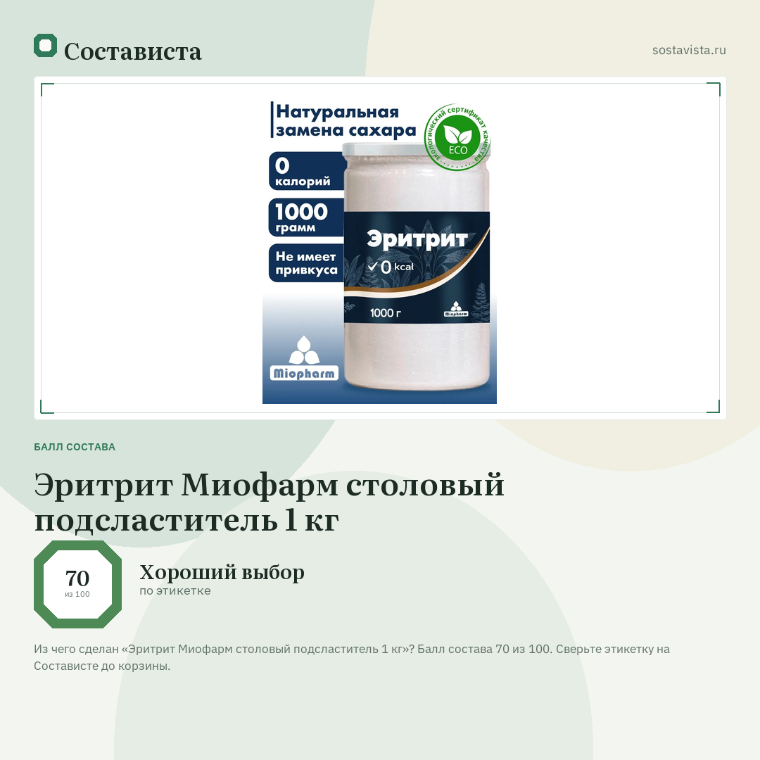 Эритрит Миофарм столовый подсластитель 1 кг: балл состава 70 из 100 — Состависта